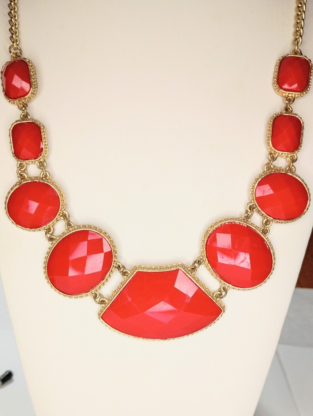 Gold-Tone Red Faceted Statement Necklace